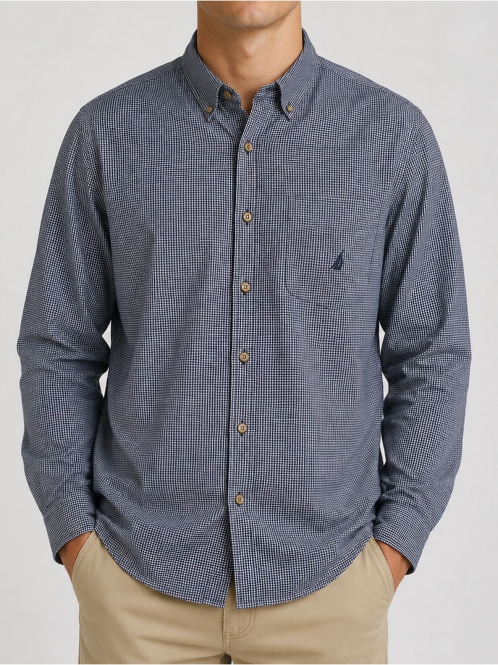 Nautica Blue White Micro Check Button Down Shirt Mens Large